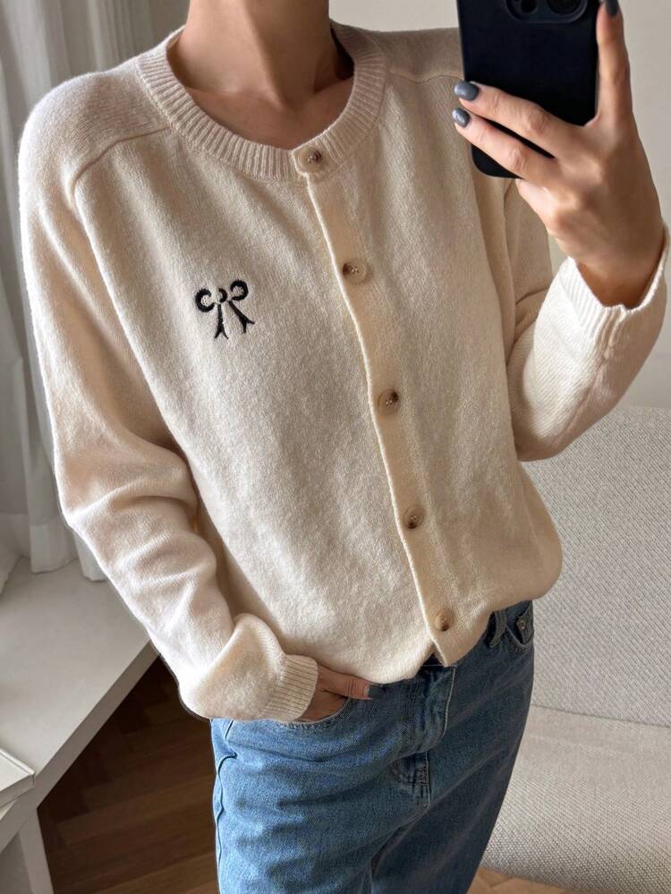 Women Casual Embroidered Bow Raglan Sleeve Open Front Knit Cardigan, Autumn/Winter,Fall Women Clothes