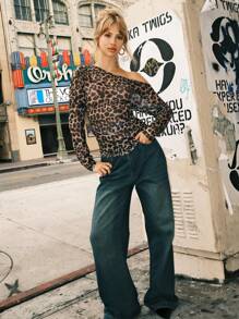 SHEIN EZwear Women Oblique Shoulder Fitted Casual Sexy Black And Gray Leopard Print Mesh Side Ruffle Long Sleeve T-Shirt - Black - View 3