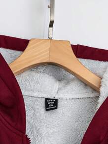 SHEIN LUNE 加大码撞色保暖内衬保暖舒适连帽夹克带拉链口袋冬季夹克 - 酒紅色 - 查看 3