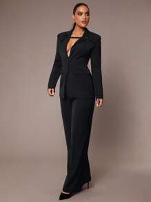 Silquee 女士优雅通勤系列秋季纯色黑色西装外套和简约宽裤套装，感恩节、圣诞节、除夕装