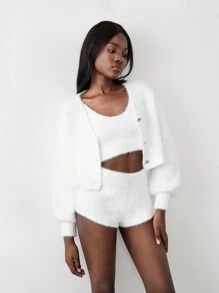SHEIN Unity 3pcs Christmas Crew Neck Cropped Camisole Set & Cozy Casual Shorts, Women Knitted Sweater Outfit - White - View 9