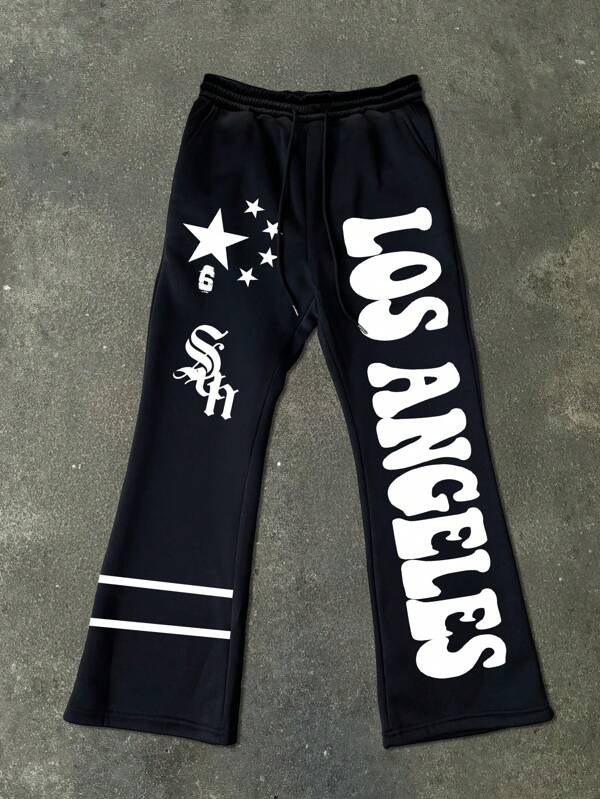 Manfinity Roghcode Pantalones deportivos casuales de talla grande para hombres con estampado de letras y cintura con cordón, para otoño