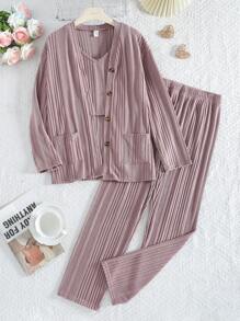 3pcs/Set Teenage Girls Jacquard Vertically Ribbed Long Sleeve Top And Pants Camisole Loungewear Set, Light Pink