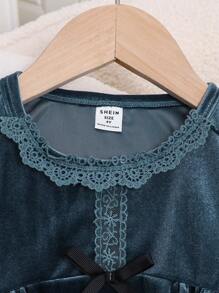 2pcs/Set Girls Casual Solid Foggy Blue Velvet Ruffle Trim Long Sleeve Top & Pants Loungewear Set - Dusty Blue - View 7