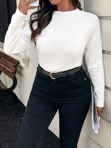 SHEIN Clasi Plus Size Women's Solid Round Neck Long Sleeve Casual T-Shirt, Autumn