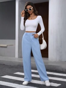 SHEIN LUNE Women Navy Straight Leg Commuter Suit Pants For Autumn - Blue - View 5