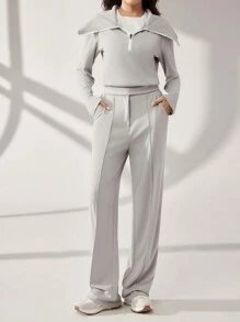 Mulvari 2 pièces Ensemble Top et pantalon de sport décontracté d'automne pour femmes avec couleurs contrastées