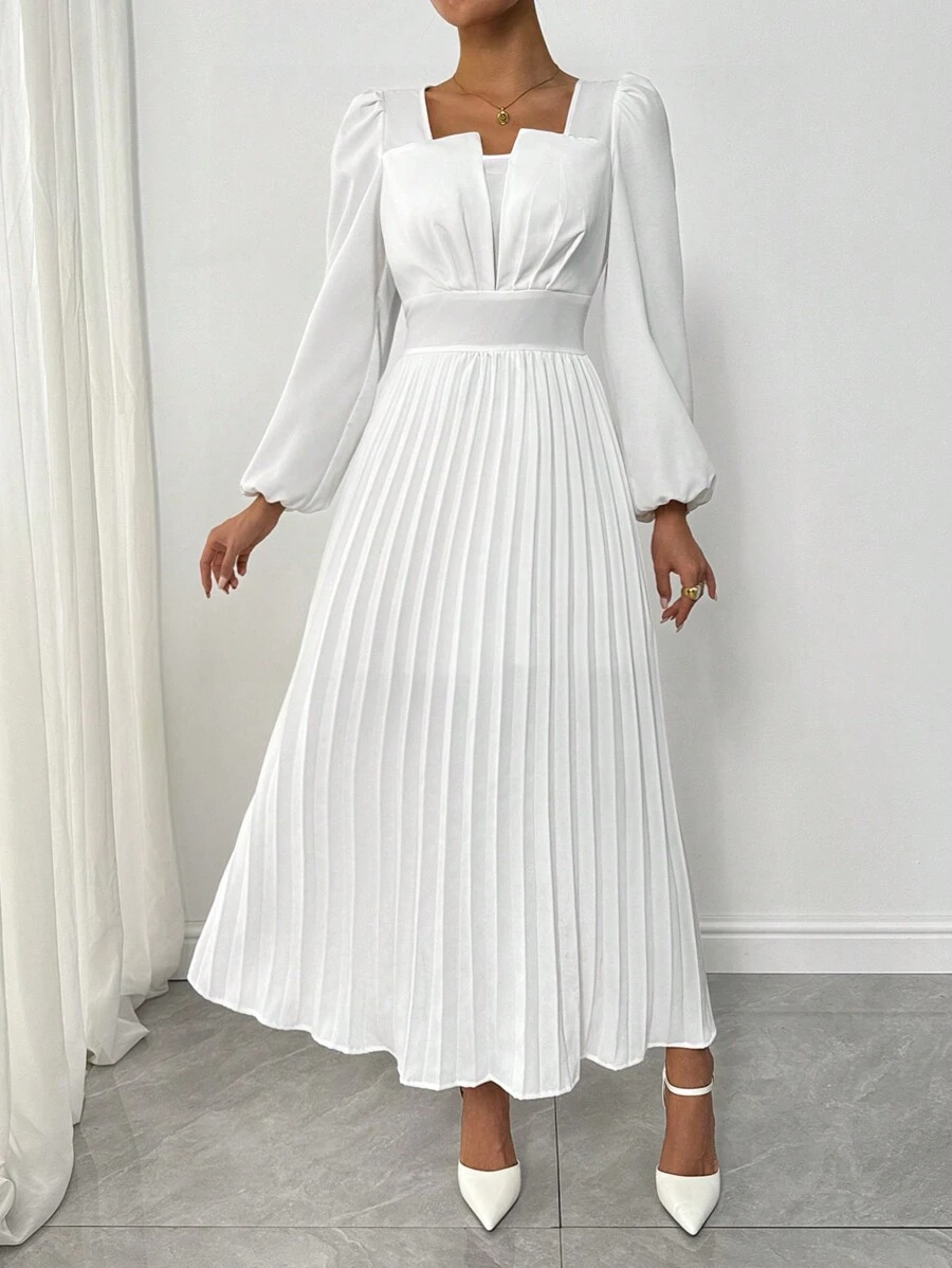 Chiquease 白色法式复古方领连衣裙女秋季新款优雅高档收腰长裙超长款女装 - 白色 - 查看 1