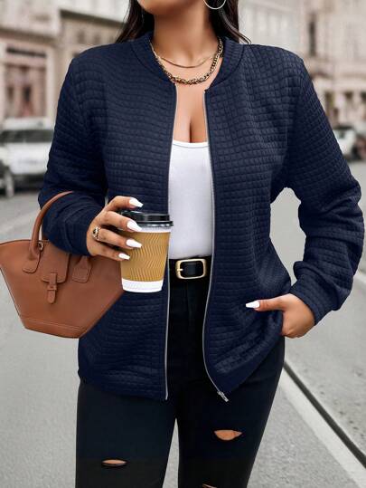 EMERY ROSE Jaqueta casual com zíper texturizada plus size, adequada para passeios de outono