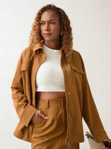 SHEIN Unity Set de 2 piezas: chaqueta y falda de mujer casual de unicolor con cierre delantero de manga larga