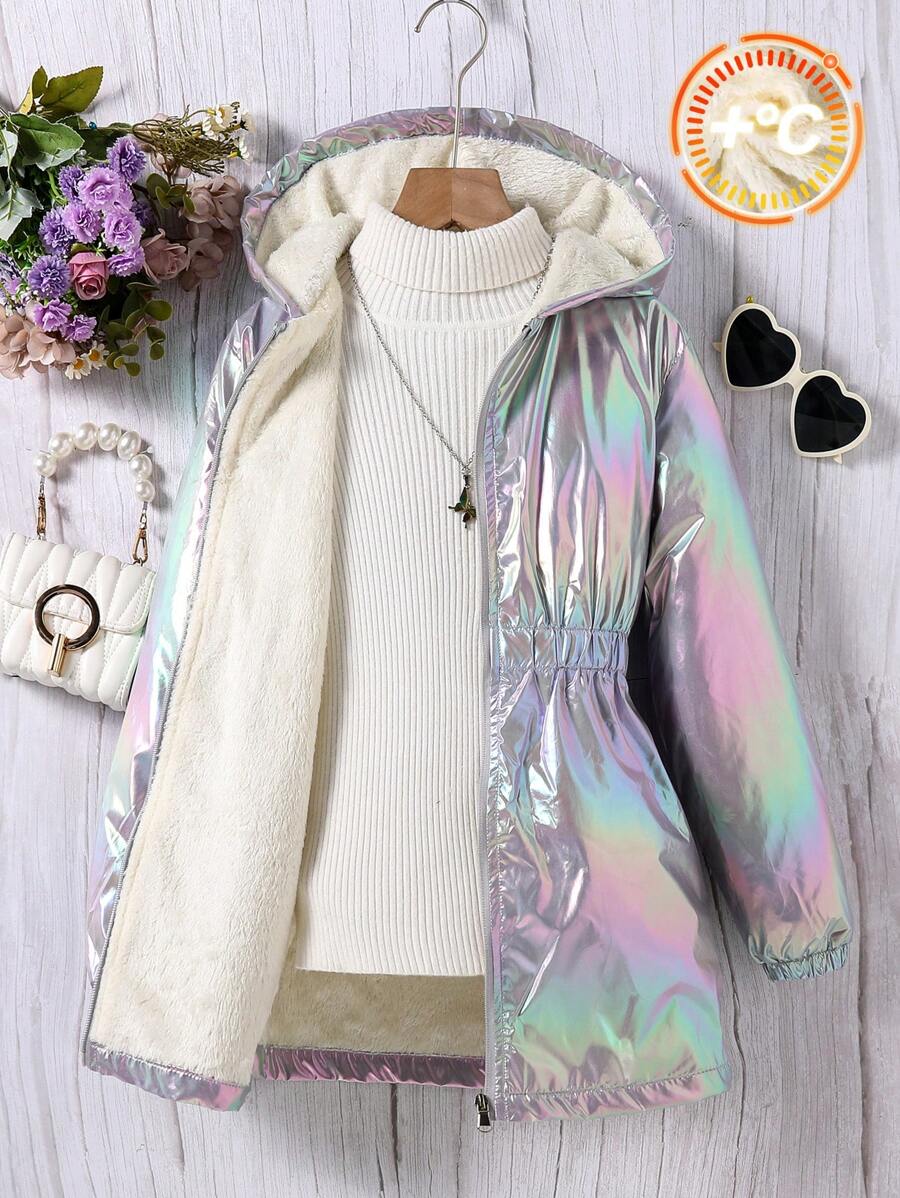 SHEIN Tween Girl Fashion Laser Coated Hoodie Jacket, Winter - Silver - View 1