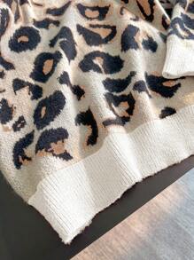 SHEIN LUNE Jersey de punto con cuello redondo, recorte de estampado de leopardo y manga larga, de mezcla de lana suave, de moda y versátil, para otoño/invierno