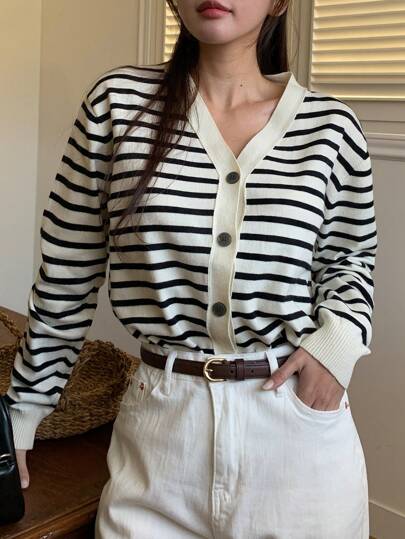 V-Neck Striped Knit Cardigan For Women, Loose Fit,Fall Clothes