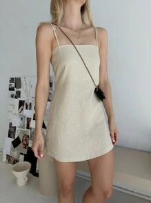 INAWLY Plus Size Solid Color Spaghetti Strap Casual Short Dress - Apricot - View 5