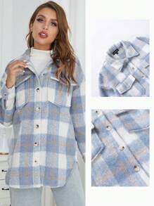 Eilly Bazar 格紋弧形下擺翻蓋口袋落肩袖花呢外套 - 霧霾藍 - 查看 1