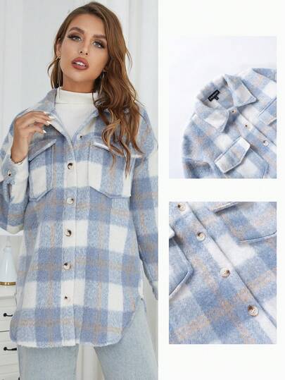 Eilly Bazar 格紋弧形下擺翻蓋口袋落肩袖花呢外套