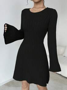 Elenzga Women Solid Color Round Neck Long Sleeve Short Sweater Dress, Autumn/Winter - Black - View 4