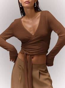 MUSERA V Neck Wrap Tie Crop Top Casual Summer Sexy Cute Airport Holiday Fall Back To School