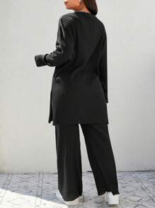 EURMUSE Plus Ribbed Knit Drop Shoulder Split Hem Tee & Pants - Black - View 2