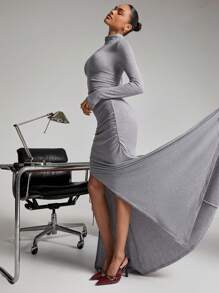 Hauture Mock Neck Ruching Drawstring Slit Business Casual Dress - Grey - View 6
