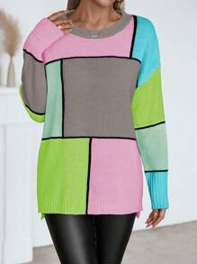 SHEIN LUNE 女士休闲拼色圆领撞色长袖毛衣 - 彩色 - 查看 6