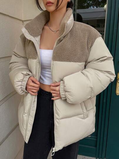 DAZY Chaqueta acolchada corta y ligera de manga larga con bloques de color para mujer, ropa de invierno para mujer, abrigo acolchado para mujer, ropa de otoño para mujer