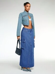 SHEIN Essnce Women's Casual Loose Cargo Denim Skirt, Blue - Black - View 4