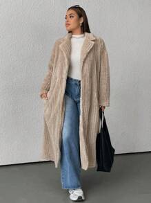SHEIN EZwear Plus Size Women's Khaki Fuzzy Long Coat, Autumn/Winter