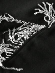 SHEIN Lady 四季喇叭紧身裤 腿部开衩 金属装饰喇叭裤 优雅派对裤 女士裤子 - 黑色 - 查看 7