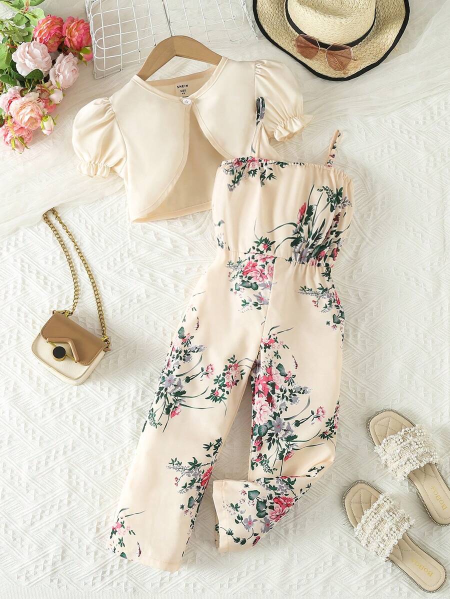 SHEIN 年輕女孩泡泡袖上衣和花卉印花背心連身褲