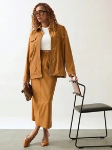 SHEIN Unity Set de 2 piezas: chaqueta y falda de mujer casual de unicolor con cierre delantero de manga larga