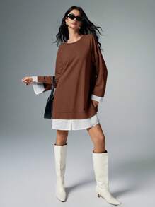 Poéselle Sweat-shirt ample en fausse fourrure, 2 pièces, col rond, manches raglan longues, ample, pour le printemps et l'automne, vêtements pour femmes, robes décontractées pour femmes, couleur unie