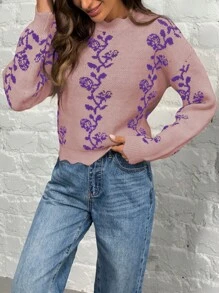 SHEIN LUNE 1pc Women Elegant Shell Trim Blue & White Porcelain Print Long Sleeve Sweater