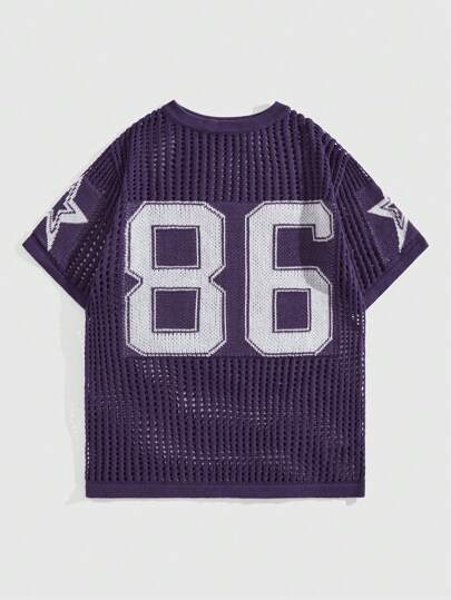 Street Life Men's Street Style Intarsia Hollow-Out Knit Top With Numeral Pattern, School