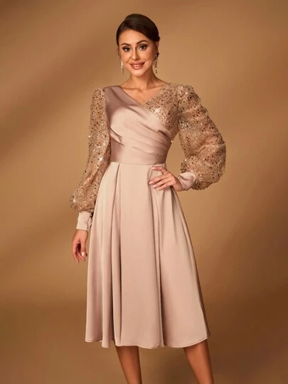 Serin 女士优雅奢华香槟色亮片拼布缎面灯笼袖重叠 V 领褶皱 A 字下摆长裙，适合新娘母亲婚礼派对礼服