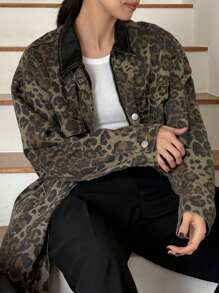 DAZY Women's Autumn Casual Leopard Print Zip-Up Loose Denim Jacket Cheetah Print