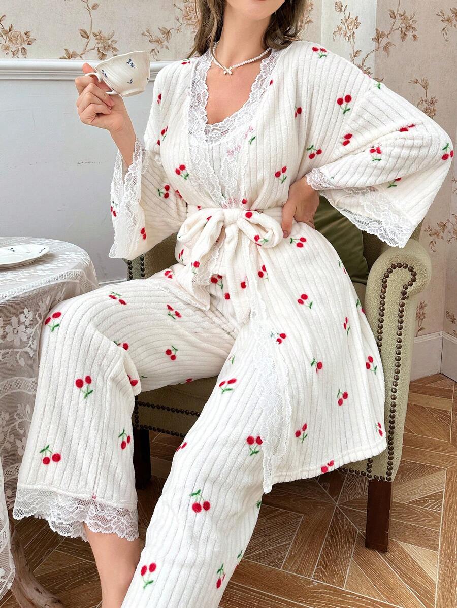 CottageSlumber 3pcs/Set Plush Cherry Printed & Lace Patchwork Fluffy Pajama Set, Autumn/Winter, Fall Winter Clothes, Cozy - Beige - View 1