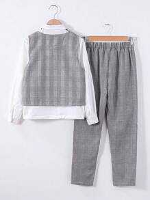 2pcs/Set Tween Boy British Style Plaid Vest With Suit + Casual Pants + Necktie Accessories, 3-Piece Outfit - Grey - View 2