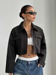 Lunelith SHEIN Lunessa Women's Solid Color Front Zipper Long Sleeve Pocket Minimalist Blouse, Casual Daily Wear