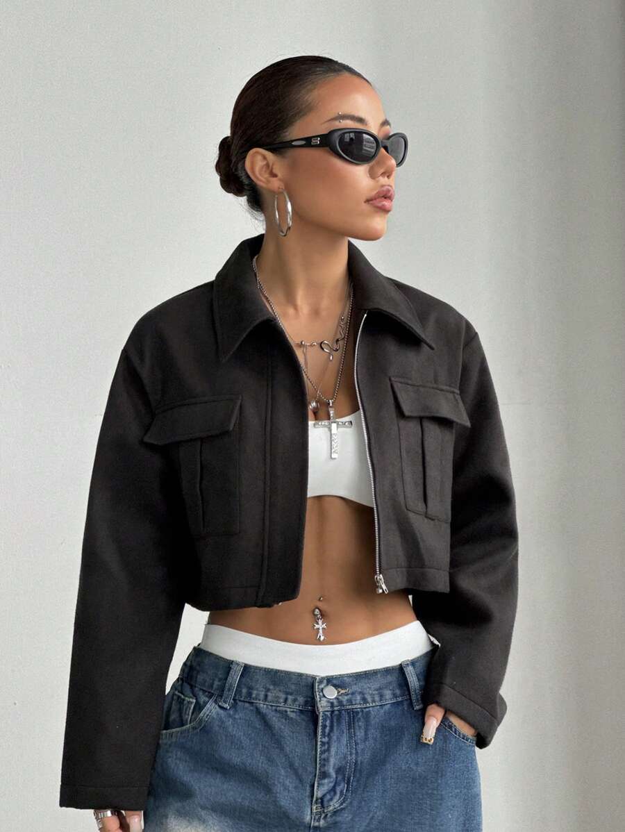 Lunelith SHEIN Lunessa Women's Solid Color Front Zipper Long Sleeve Pocket Minimalist Blouse, Casual Daily Wear