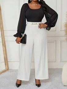 SHEIN Lady  Autumn And Winter Elegant Plus Size Commuting Wedding White Knitted Chain Maxi Plus Size Suit Pants White Bloomers Work Pants