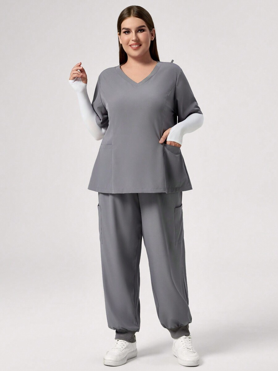SHEIN TaskFit Plus Size Solid Color Short Sleeve Shirt And Pants