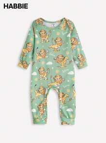 SHEIN 2pcs/Set Baby Boy Lion Print Long Sleeve Romper Outfit, Spring/Autumn