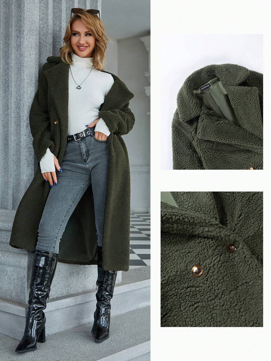 Eilly Bazar Lapel Neck Double Breasted Teddy Coat - Army Green - View 1