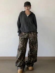 DAZY Women Straight Loose Wide-Leg Long Jeans, Casual Street Style Cheetah Print