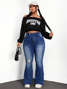 CovetEZ 大码休闲洗水破洞喇叭牛仔裤，适合春秋季节