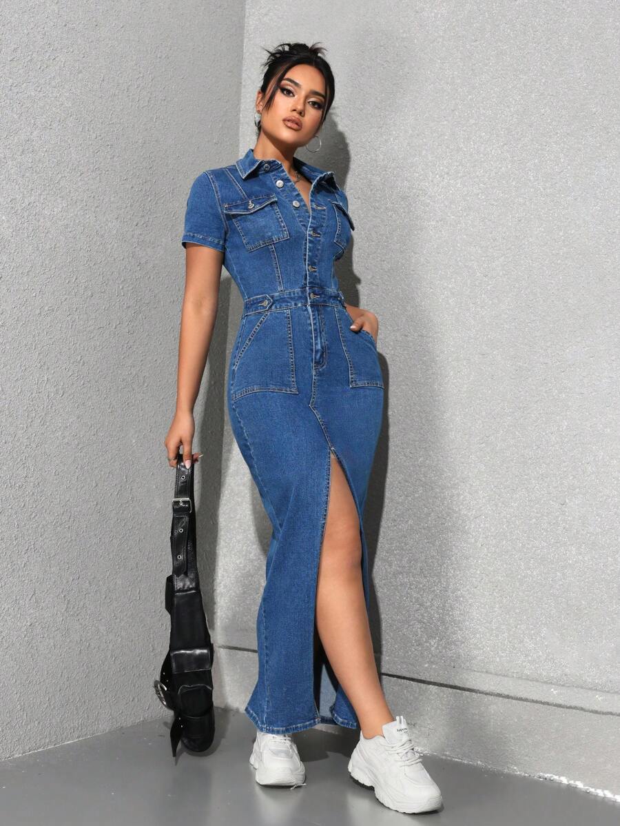 SHEIN EZwear 女士前扣短袖口袋开衩休闲牛仔连衣裙 - 藍色 - 查看 1
