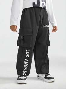 SHEIN Tween Boy Letter Print Drawstring Multi-Pocket Casual Black Pants - Black - View 4