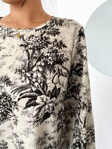 Calvaya Plus Size Women's Autumn Floral Print Round Neck Flare Sleeve Ruffle Hem Dress