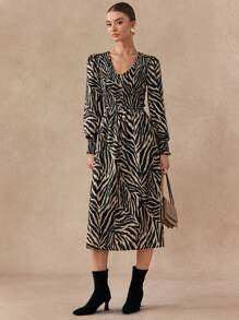 Chiquease Robe décontractée à manches lanternes à imprimé zébré pour femmes, automne - Multicolore - Voir 1